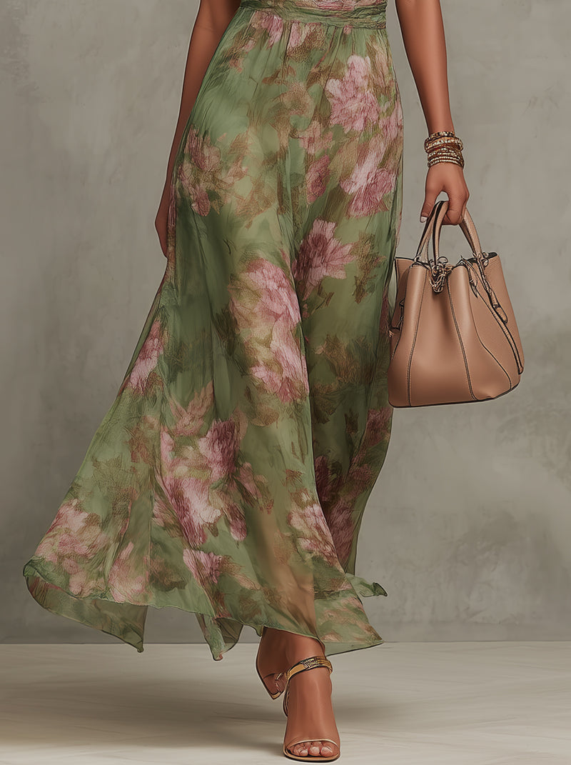 Serena | Grünes Floral Maxikleid mit Neckholder