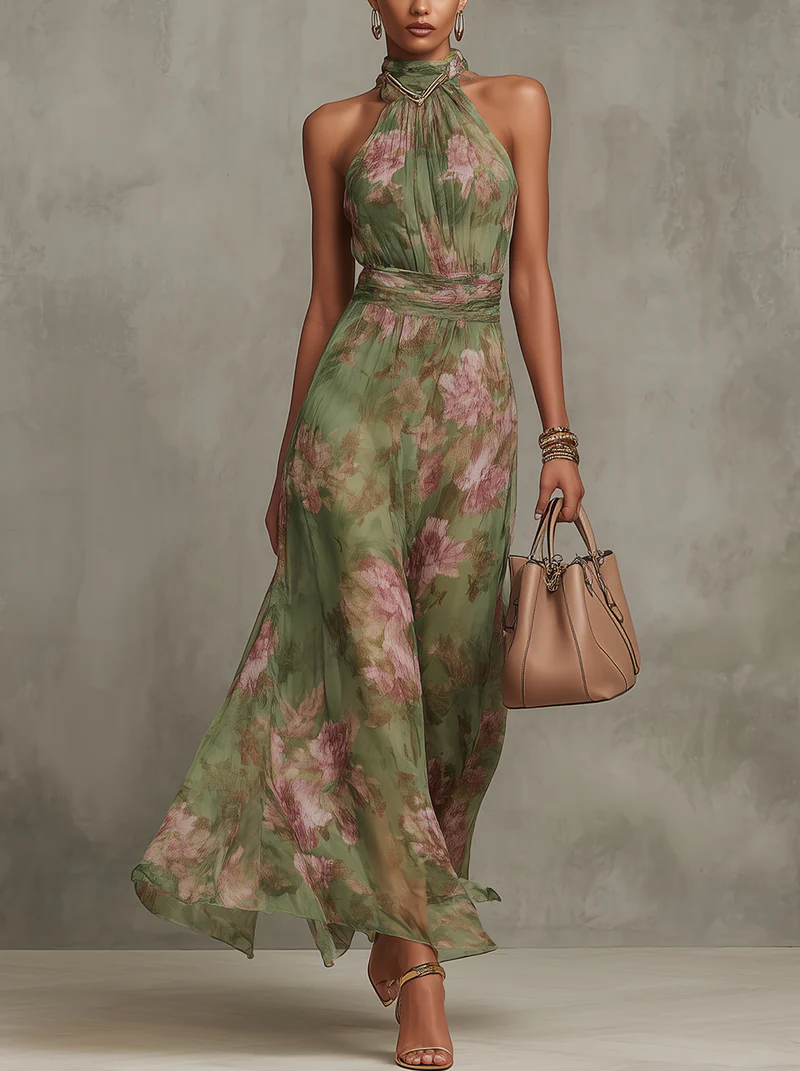 Serena ∙ Grünes Floral Chiffon Maxikleid mit Neckholder