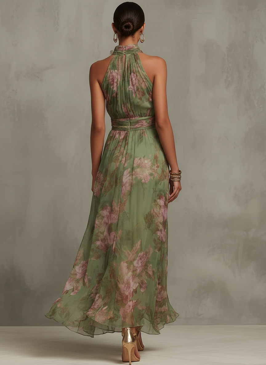 Serena | Grünes Floral Maxikleid mit Neckholder