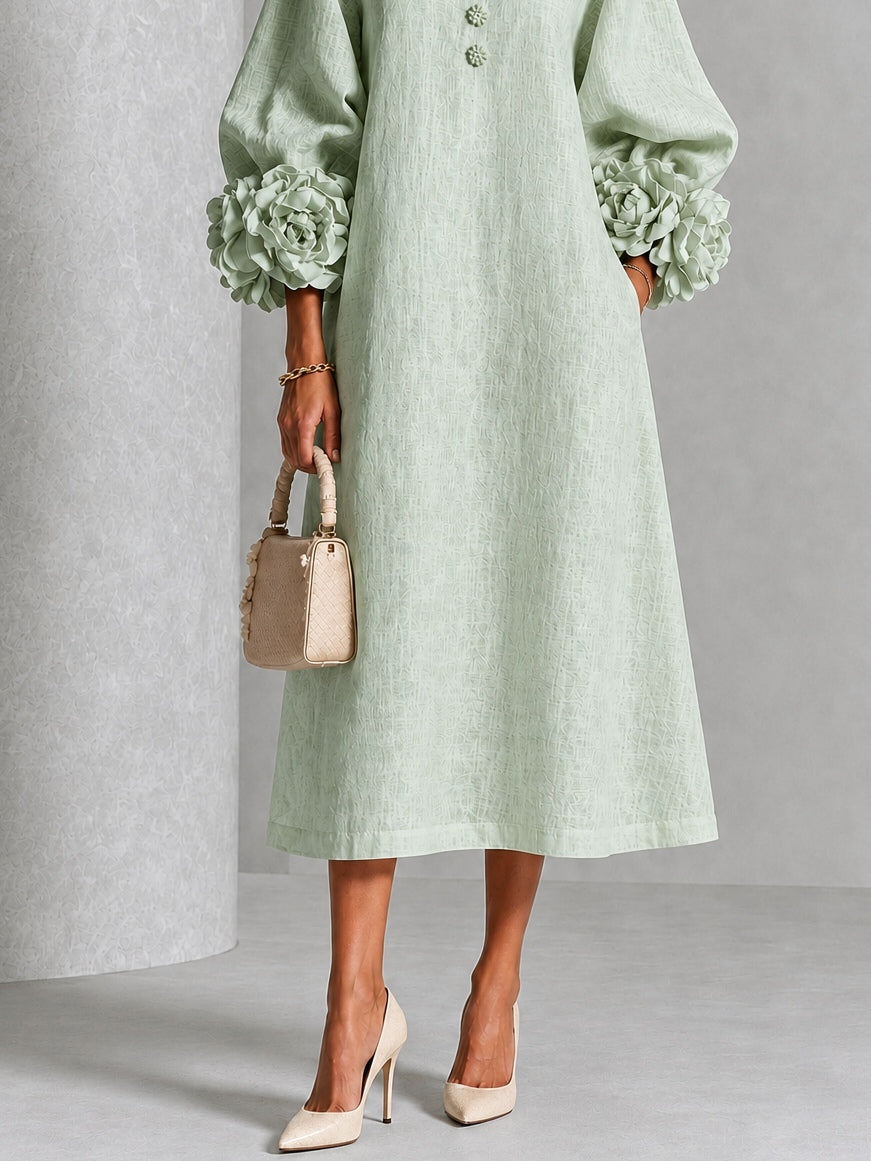 Capucine | Midi-Kleid mit Puffärmeln und floralen Knöpfen