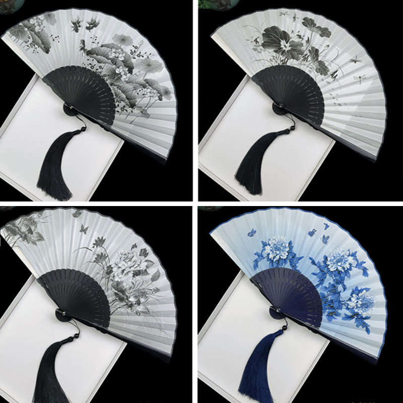 Vintage Buddha Stones Silk Hand Fan with Bamboo Frame - Peony Butterfly Lotus Design