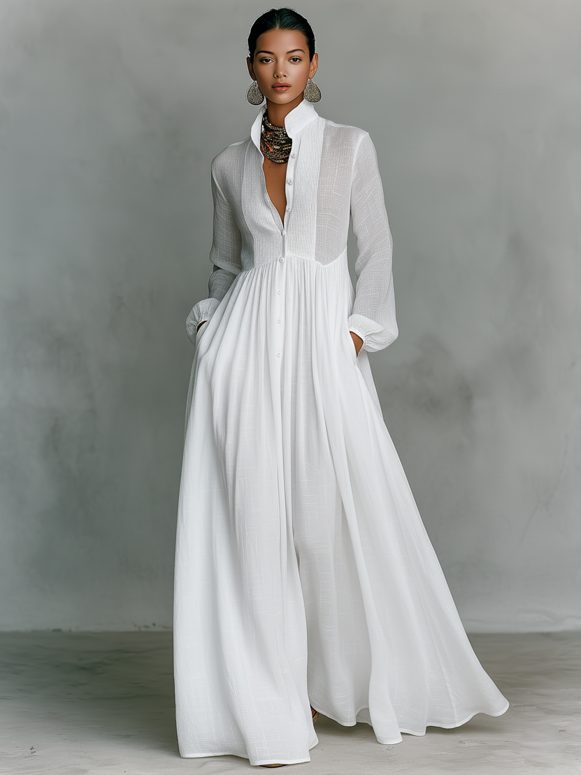 Sita | Patchwork Maxi Minikleid mit Hohem Kragen und Langen Ärmeln