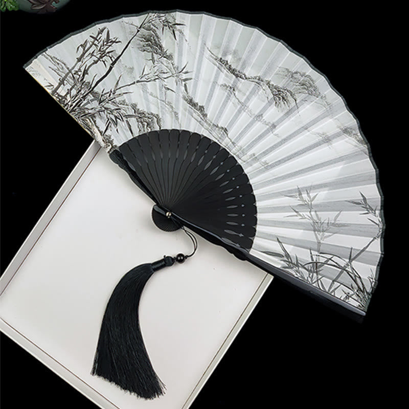 Vintage Buddha Stones Silk Hand Fan with Bamboo Frame - Peony Butterfly Lotus Design