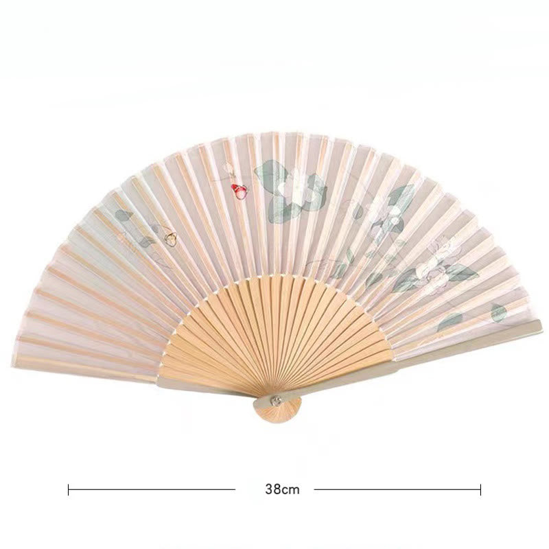 Faltbarer Handfächer aus Seide und Bambus mit Buddha-Motiven, Lotus, Begonie, Blume und Jasmin – 21 cm