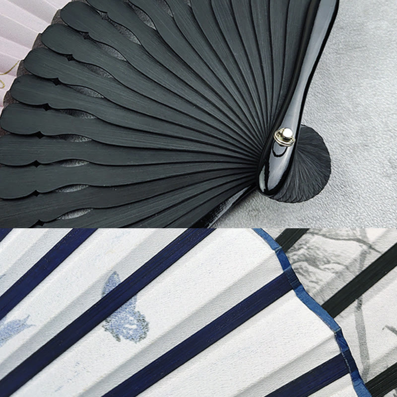 Vintage Buddha Stones Silk Hand Fan with Bamboo Frame - Peony Butterfly Lotus Design