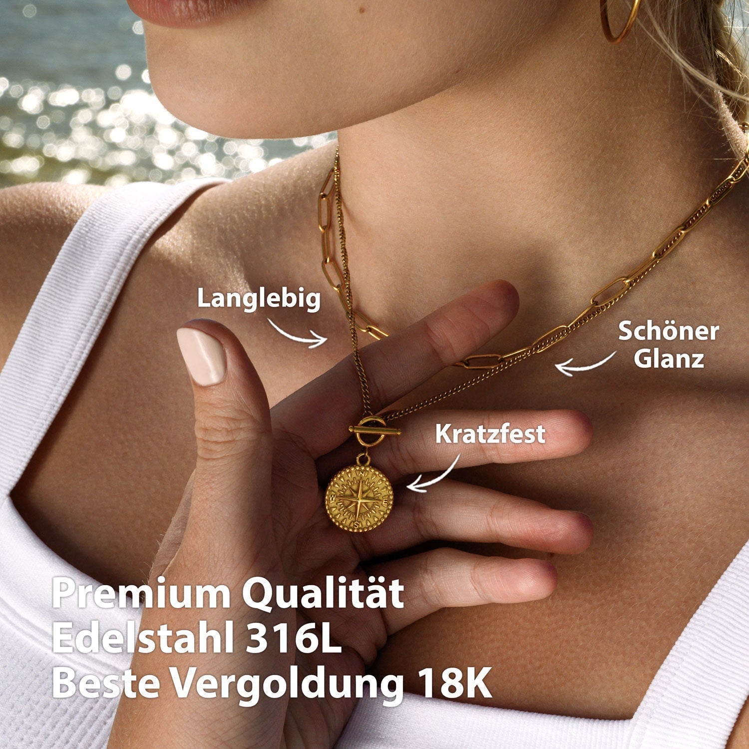 BonnyCompass Kette mit Kompass Anhänger Gold