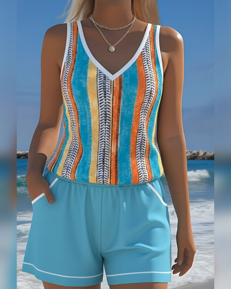 Mia | Gestreifter V-Ausschnitt Tankini