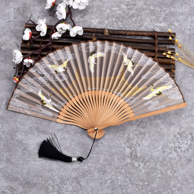 Vintage Bambus Faltfächer mit Wolken- und Kranich-Muster – Handgefertigt von Buddha Stones