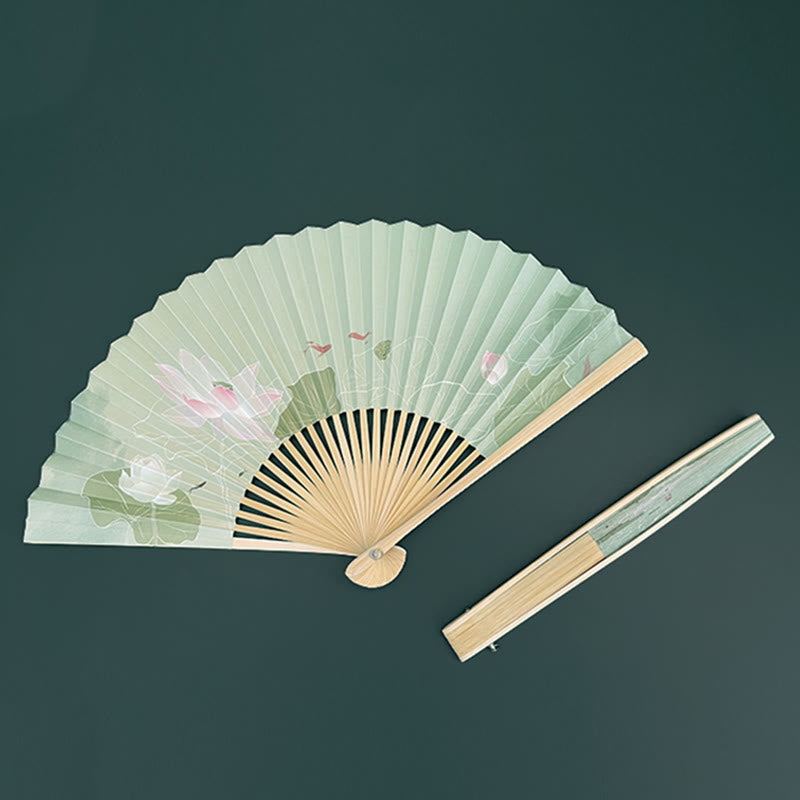 Handgefertigter Papier-Bambus-Faltfächer mit Buddha-Steinen, Lotusblumen, Blättern und Koi-Fischen