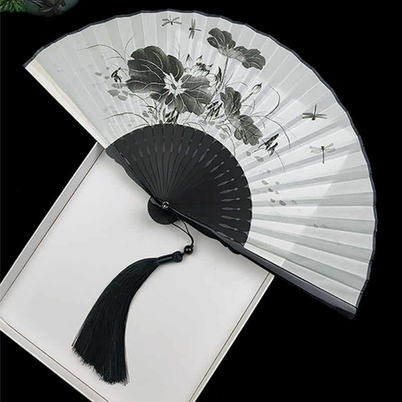 Vintage Buddha Stones Silk Hand Fan with Bamboo Frame - Peony Butterfly Lotus Design