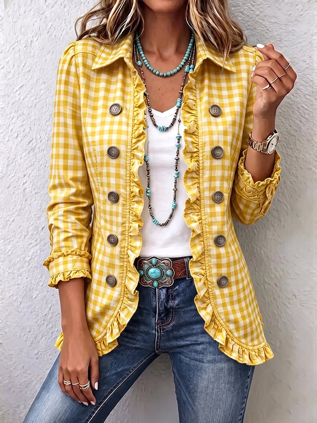 Purificación | Vichy-Karo-Jacke mit Rüschen