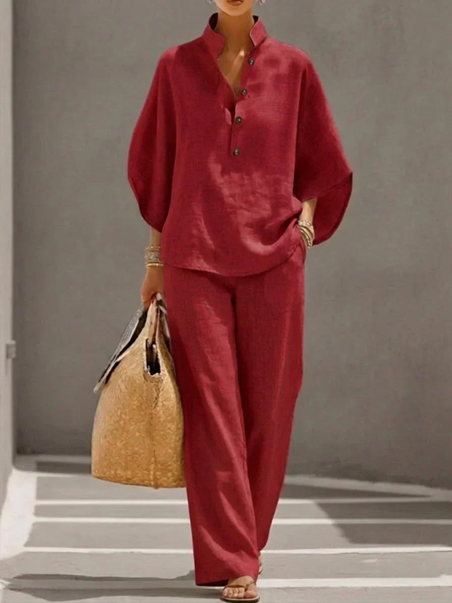 Sophie | Leinen-Set mit Batwing-Ärmeln und weit geschnittenen Hosen
