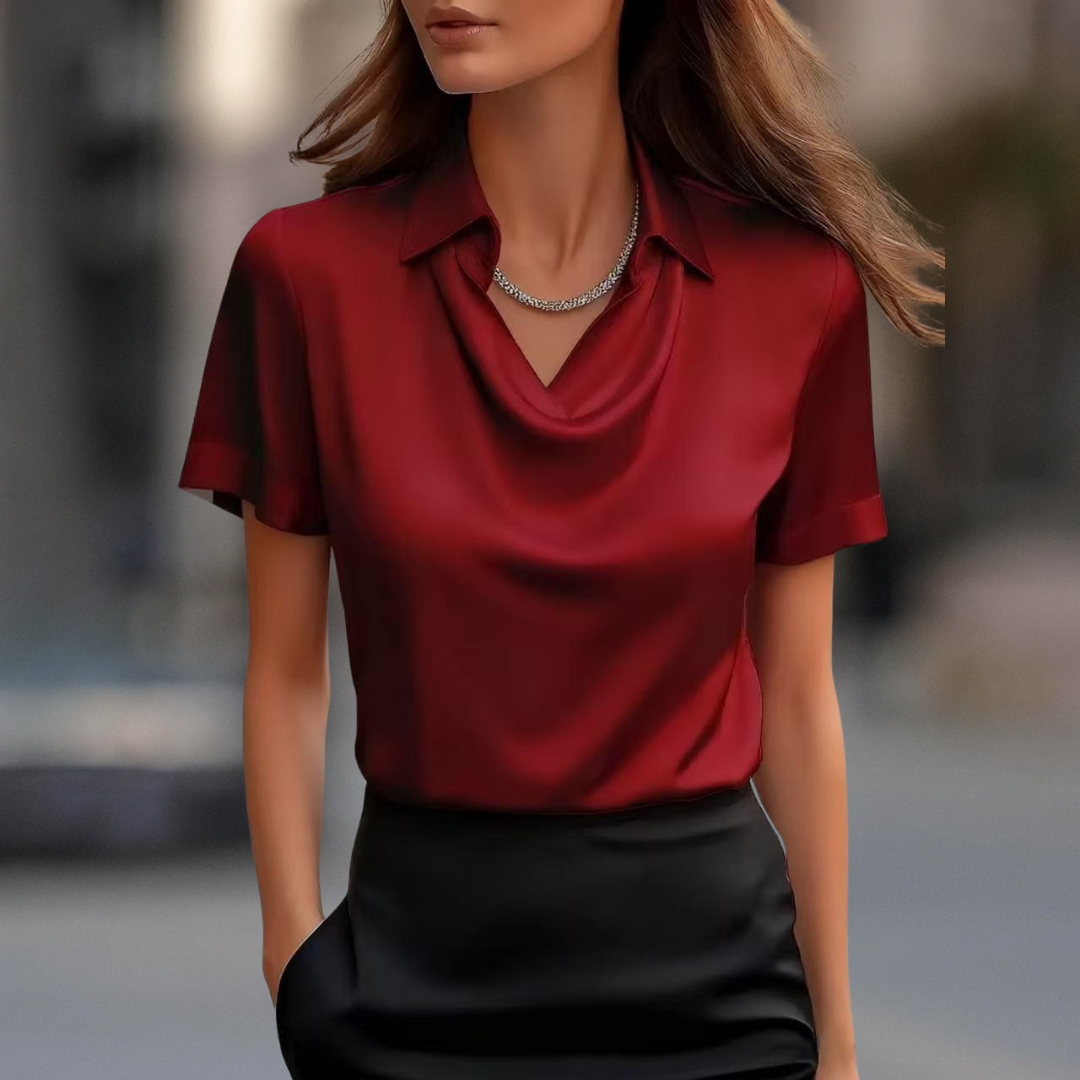London Chic Satin Kurzarmbluse mit Drapiertem Kragen